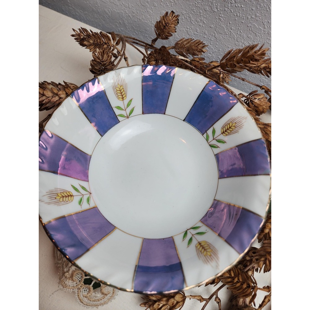 Vintage Enesco Blue & White Stripe Bowl Wheat Iridescent Colorblock Fall Harvest - Picture 5 of 5